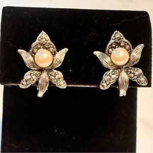 Vintage Avon marcasite and faux pearl clip earrings 1”
